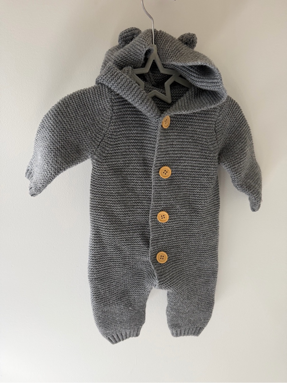 Grey Knit Hooded Baby One-Piece with Bear Ears
